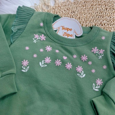 Conj. Casaco Floral de Moletom com Babadinhos e Calça Ribana Flare - Verde